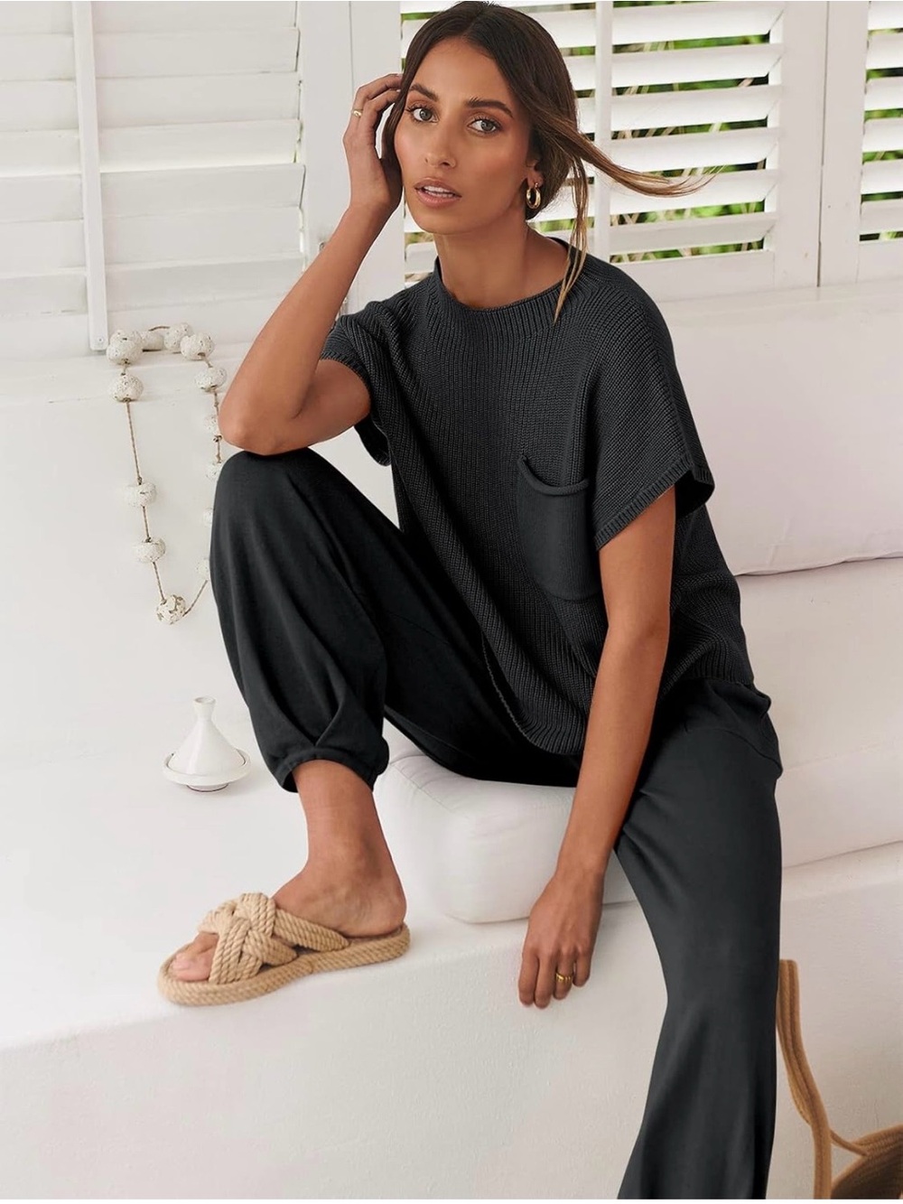 Anrabess Women’s Casual Black Ribbed Pocket Two- Piece Elevated Set, Size Medium - Picture 4 of 16